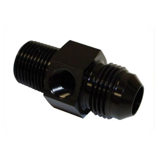 [PRF194-08-04BLK] Performance Fittings Port Fitting, -8 AN Male to 1/4" NPT Male with 1/8" NPT Gauge Port, Black - PRF194-08-04BLK