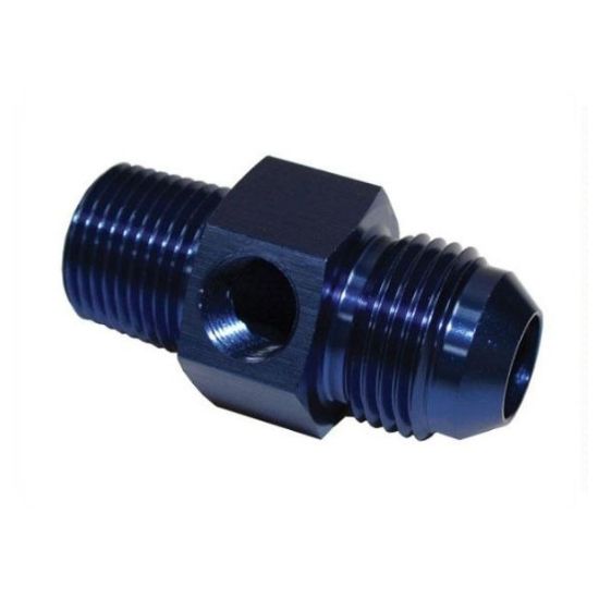 [PRF194-06-04] Performance Fittings Port Fitting, -6 AN Male to 1/4" NPT Male with 1/8" NPT Gauge Port, Blue - PRF194-06-04