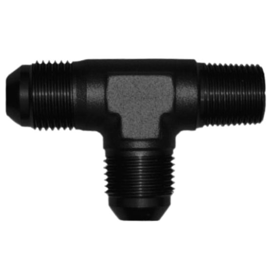 [PRF2708BLK] Performance Fittings Male Run Tee, -10 AN to -10 AN to 1/2" NPT, Black - PRF2708BLK